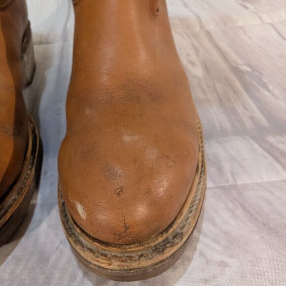 Vintage Tan Leather Safety Toe Pull-On Cowboy Boots with Vibram Soles - Picture 3 of 13